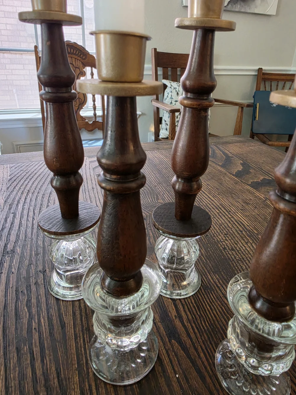 Set of 5 taper candlestick holders with turned wood stems, gold-tone brass cups